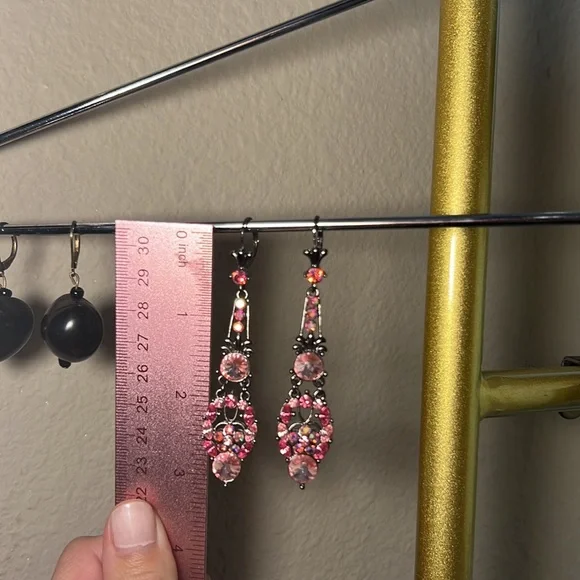 Pink jewels black metal clasp dangle earrings sparkly costume jewelry hang 3” - Picture 5 of 17